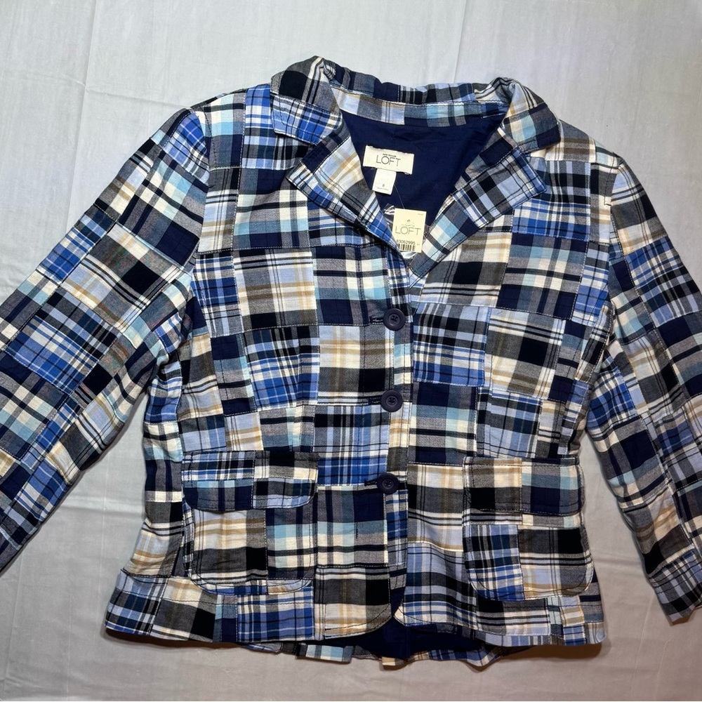Ann Taylor LOFT Madras Blue Plaid Patchwork Blazer Cotton Casual Work Size 8